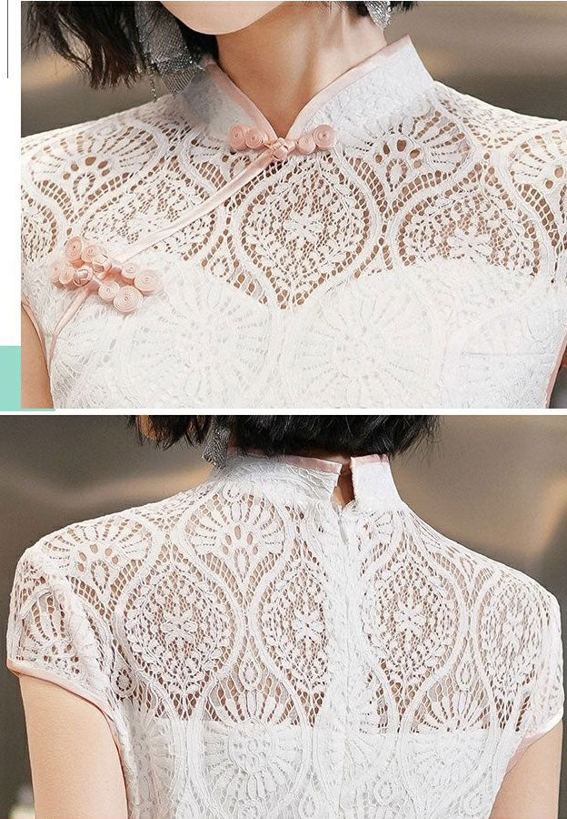 White Lace Mini Cheongsam Qipao Dress