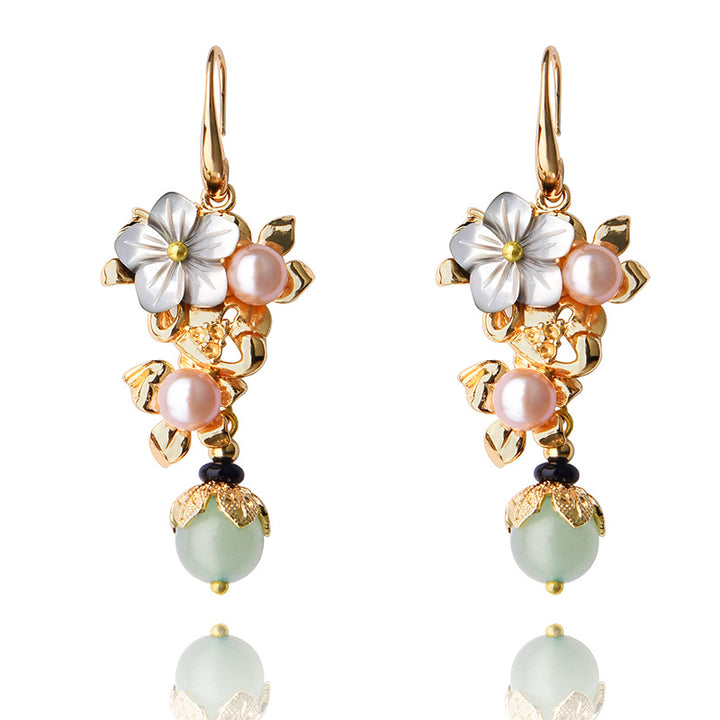 Vintage Pearls Jade Flower Drop Dangle Earrings