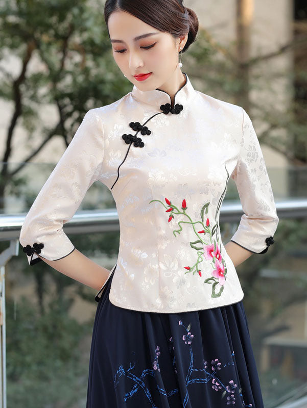 Beige Black Embroidered Cheongsam Blouse Top - IMALLURE – imallure