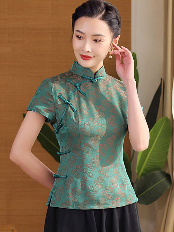 Green Jacquard Qipao Cheongsam Blouse Top