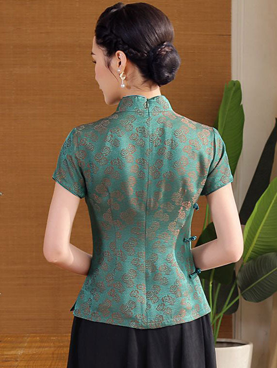 Green Jacquard Qipao Cheongsam Blouse Top