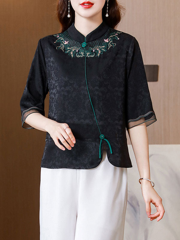 Black Embroidered Mothers Cheongsam Blouse Top