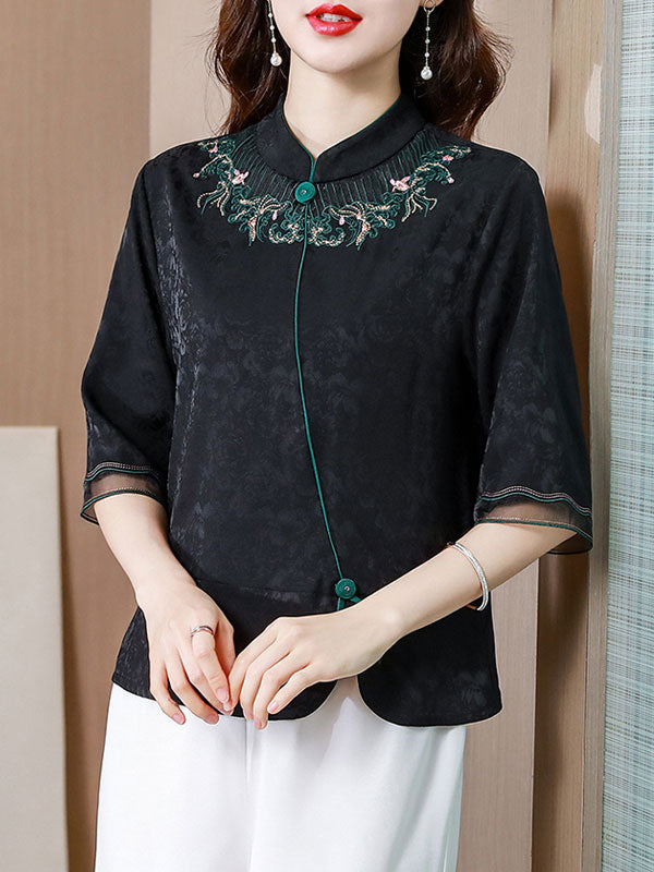 Black Embroidered Mothers Cheongsam Blouse Top