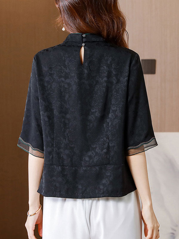 Black Embroidered Mothers Cheongsam Blouse Top