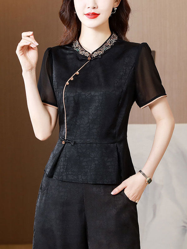 Black Embroidered High Waist Cheongsam Blouse Top