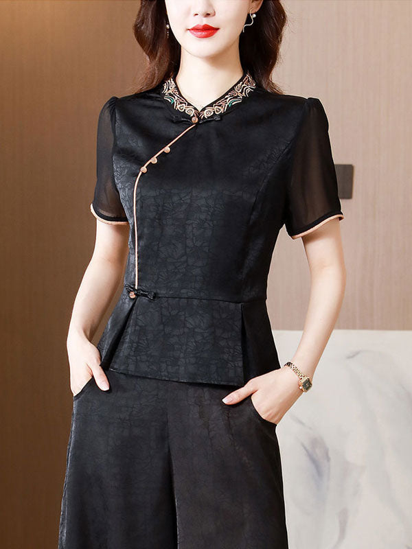 Black Embroidered High Waist Cheongsam Blouse Top