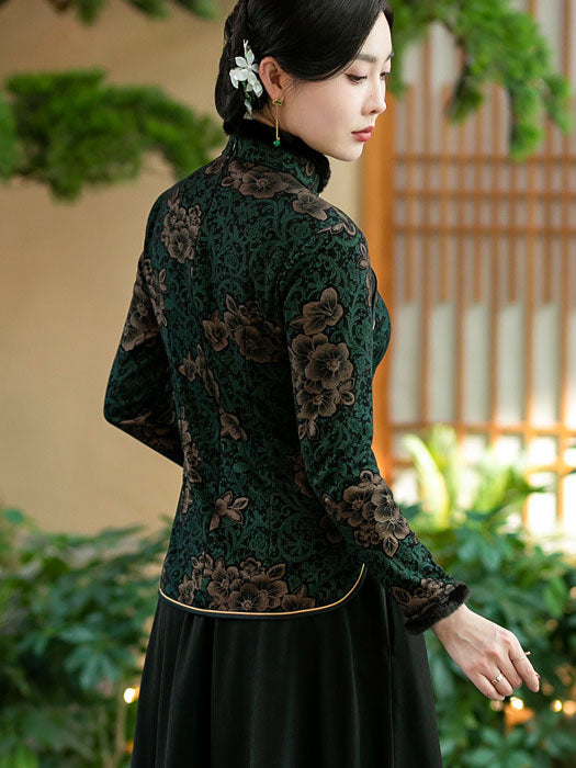 Mothers Floral Fleece Lined Winter Cheongsam Blouse Top