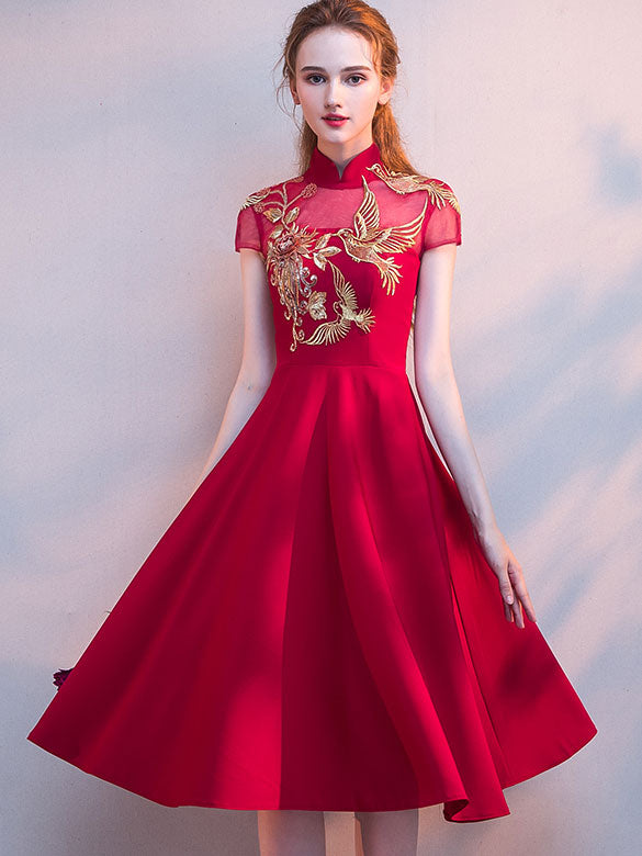 Burgundy A-line Midi Cheongsam Qipao Dress L Burgundy A-line Midi Cheongsam Qipao Dress L