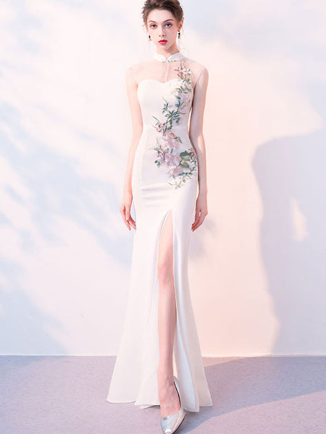 White Embroidered Thigh Split Qipao Cheongsam Evening Dress