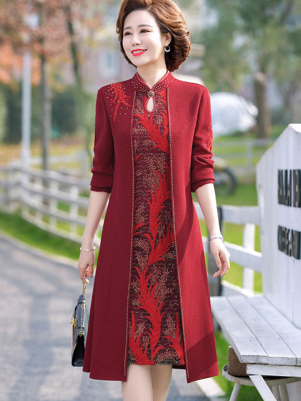 Red Bridal Mothers Midi Cheongsam Qi Pao Dress - IMALLURE imallure Red Bridal Mothers Midi Cheongsam Qi Pao Dress - IMALLURE imallure