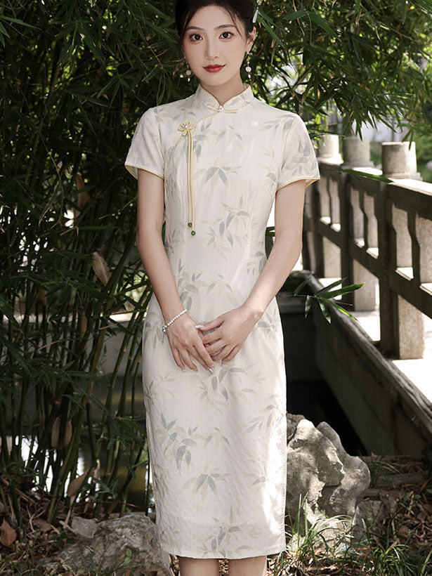 2023 White Bamboo Print Midi Cheongsam Qipao Dress