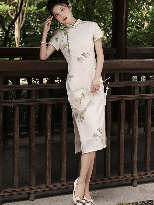2023 White Bamboo Print Midi Cheongsam Qipao Dress