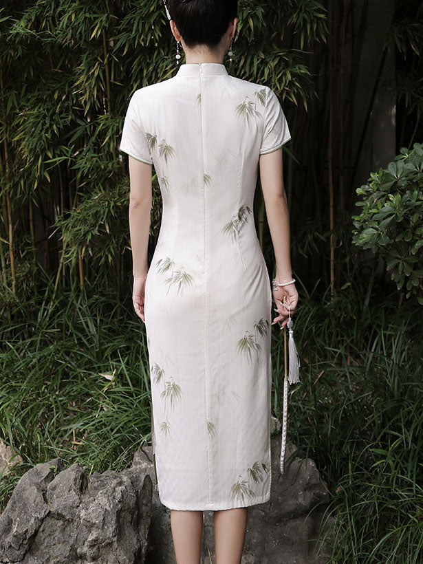 2023 White Bamboo Print Midi Cheongsam Qipao Dress