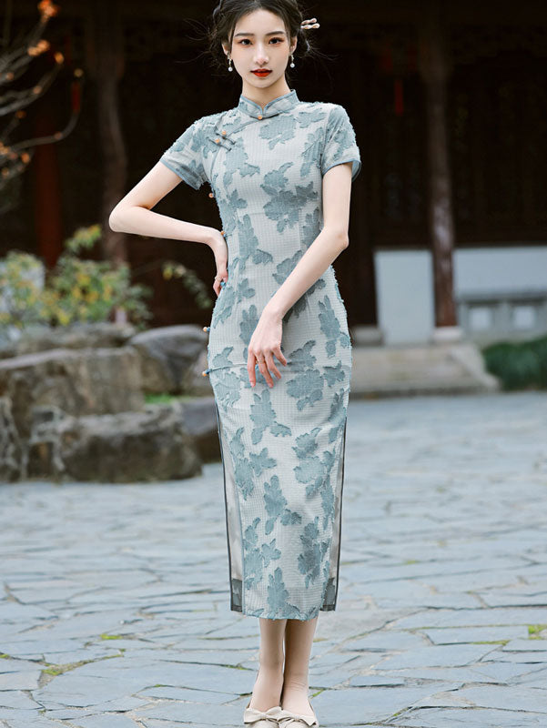 Blue White Jacquard Chiffon Cheongsam Qipao Dress - IMALLURE M / Blue