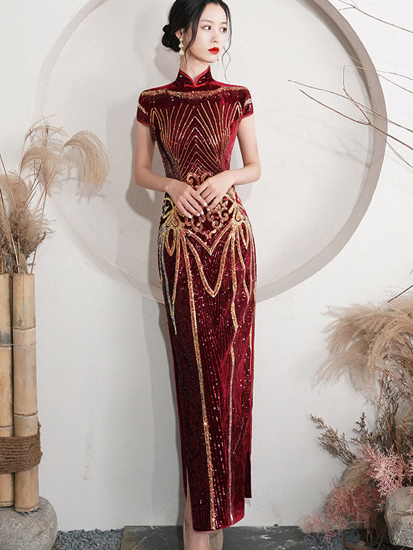 Red Sequined Velvet Mothers Maxi Cheongsam Qipao Dress