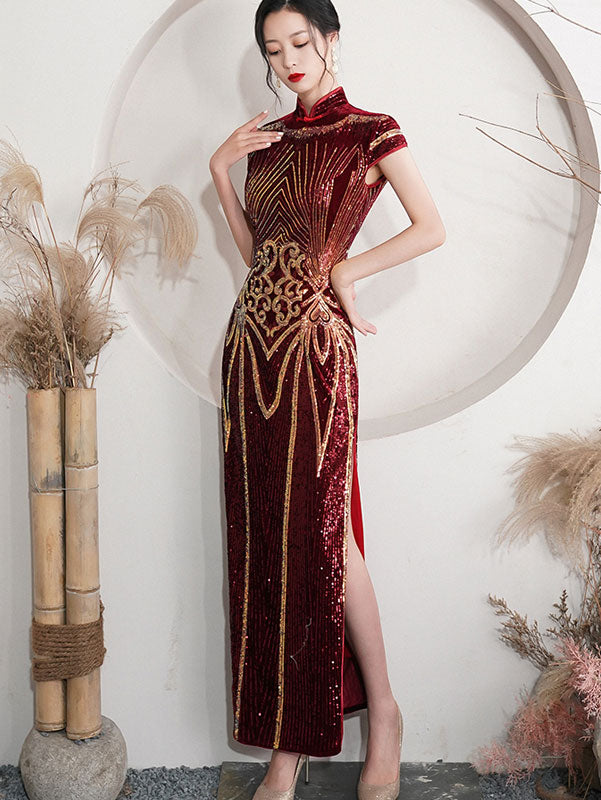 Red Sequined Velvet Mothers Maxi Cheongsam Qipao Dress