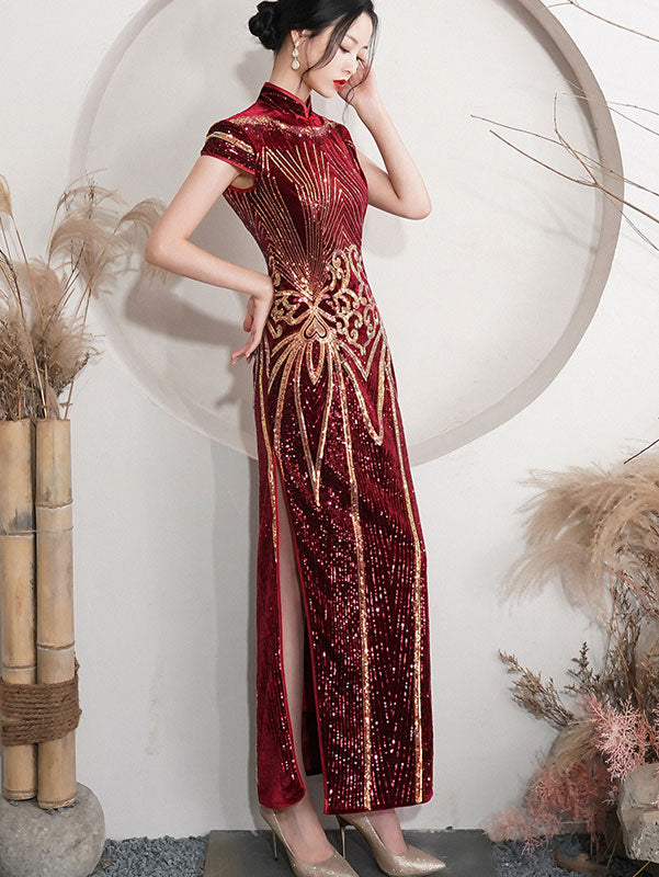 Red Sequined Velvet Mothers Maxi Cheongsam Qipao Dress