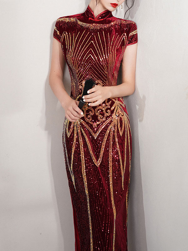 Red Sequined Velvet Mothers Maxi Cheongsam Qipao Dress