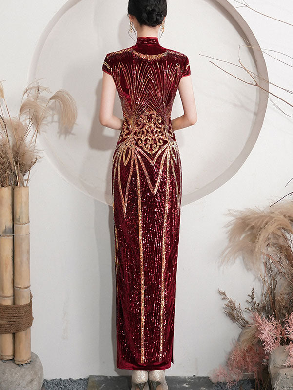 Red Sequined Velvet Mothers Maxi Cheongsam Qipao Dress