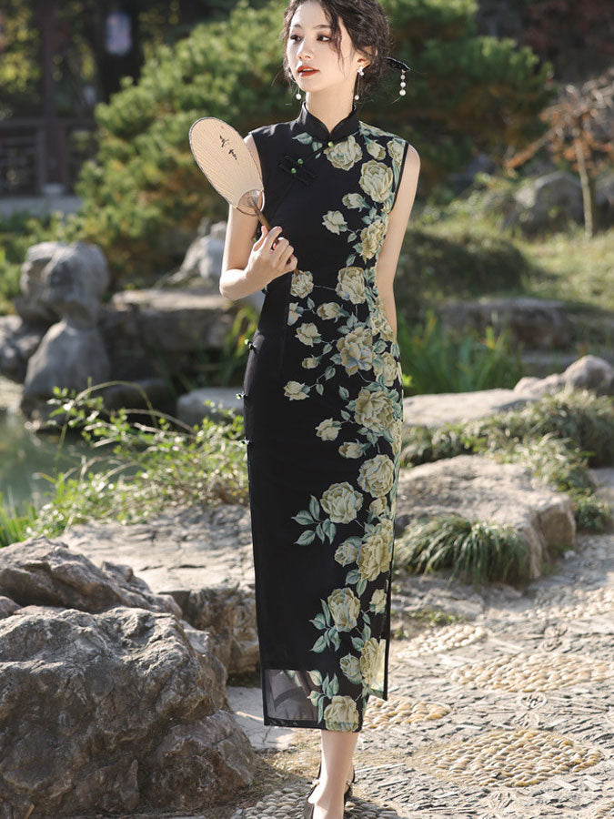 Black Color Block Floral Cheongsam Qipao Dress - IMALLURE S Black Color Block Floral Cheongsam Qipao Dress - IMALLURE S