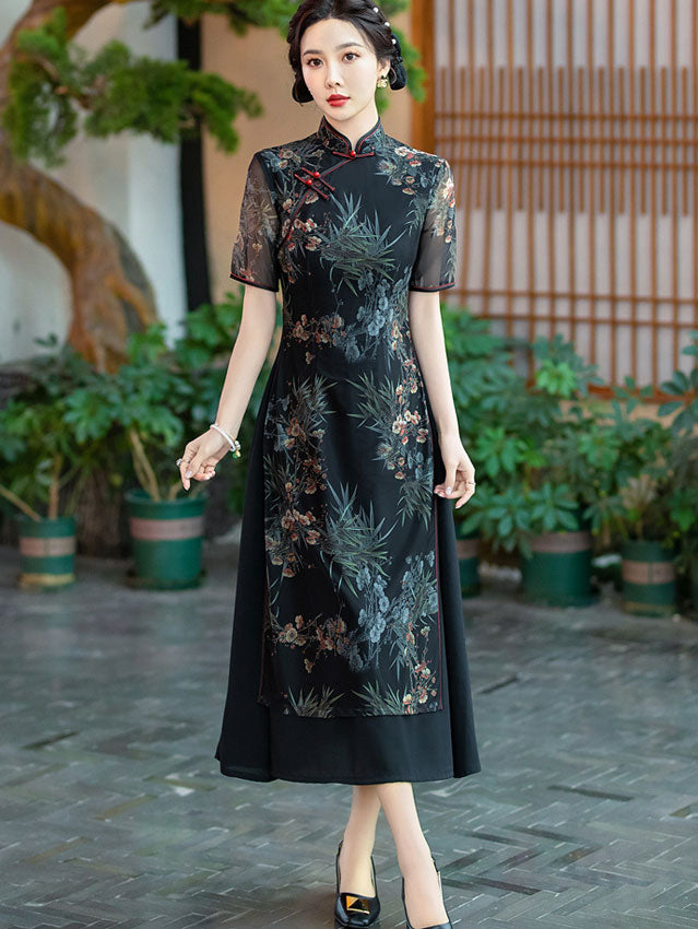Black Floral Mothers A-Line Cheongsam Qipao Dress - IMALLURE M