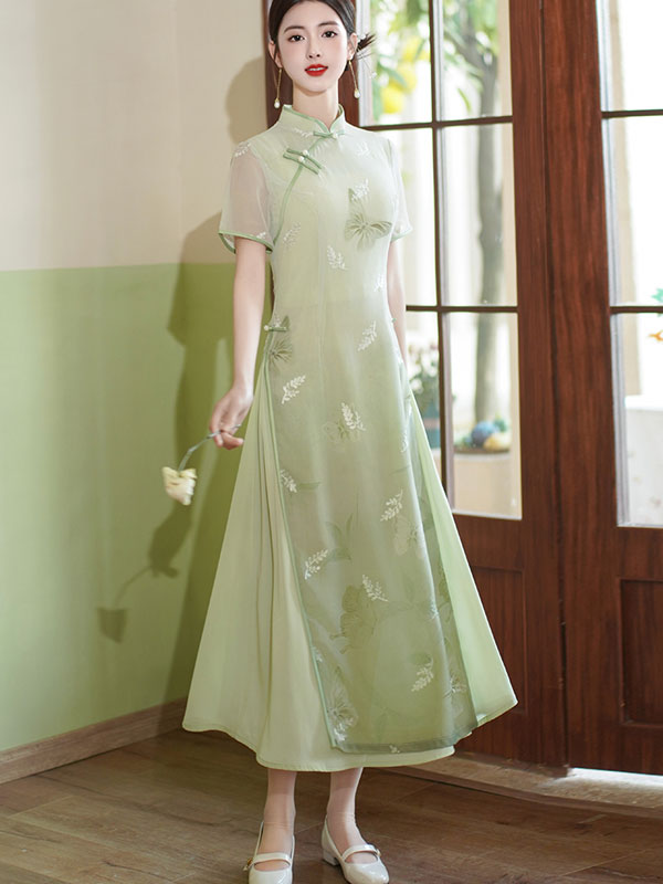 2024 Green Blue Butterfly Print AoDai A-line Cheongsam Dress
