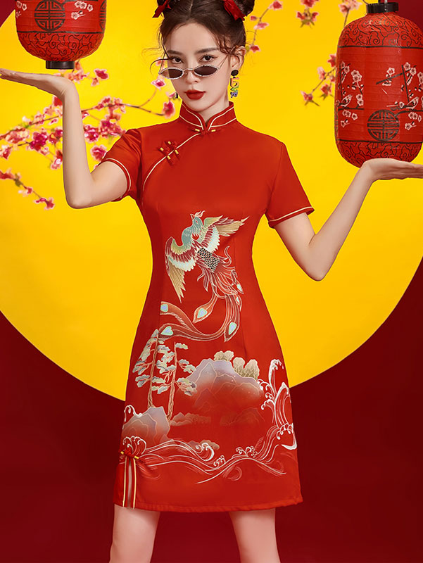 Red Phoenix Print Cheongsam Qipao Dress L / Short Sleeve