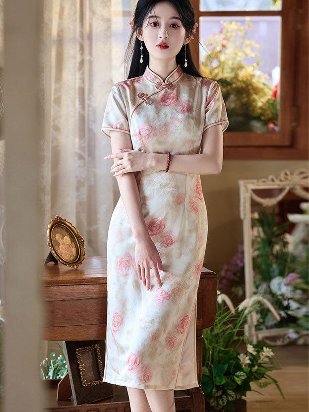 Floral Print Midi Cheongsam Qipao Dress