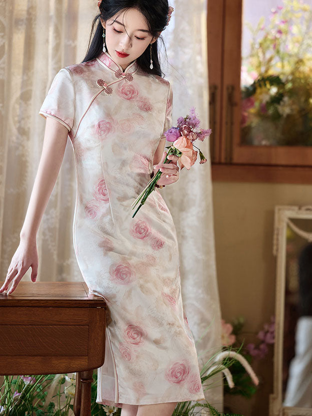 Floral Print Midi Cheongsam Qipao Dress