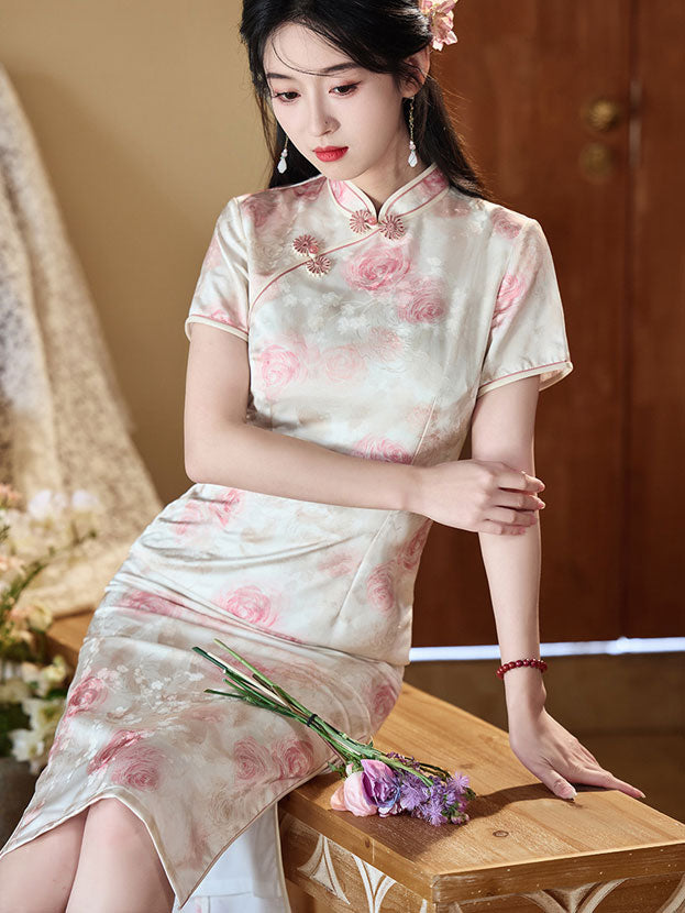 Floral Print Midi Cheongsam Qipao Dress
