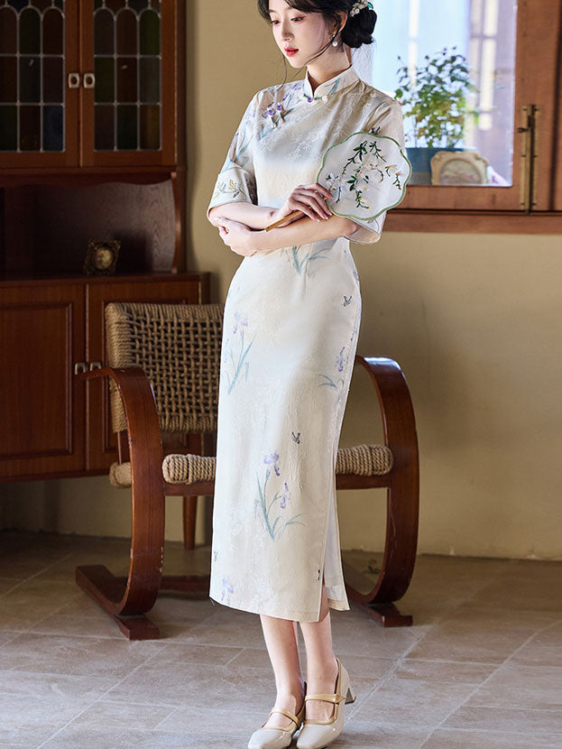 Jacquard Floral Bell Sleeve Cheongsam Qipao Dress
