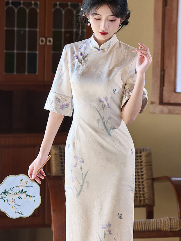 Jacquard Floral Bell Sleeve Cheongsam Qipao Dress