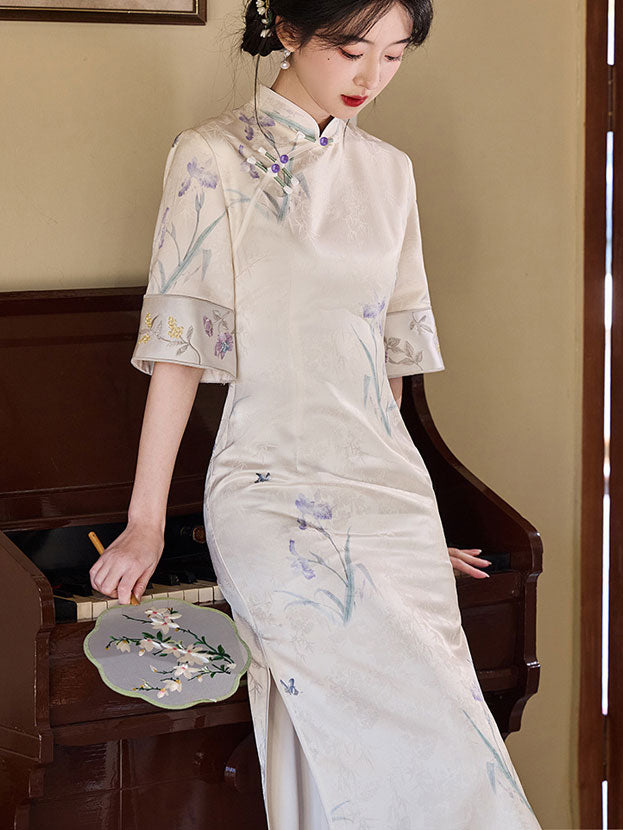Jacquard Floral Bell Sleeve Cheongsam Qipao Dress