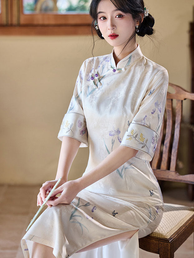 Jacquard Floral Bell Sleeve Cheongsam Qipao Dress
