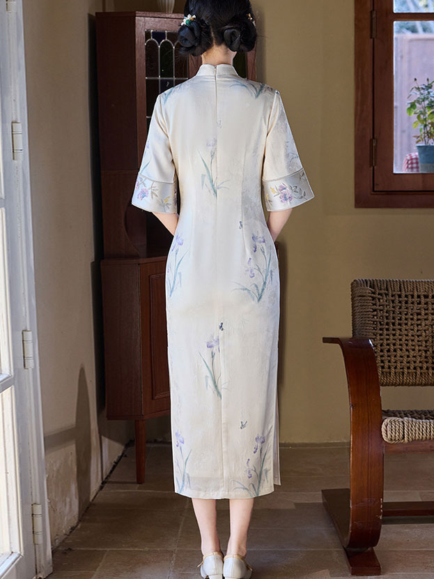 Jacquard Floral Bell Sleeve Cheongsam Qipao Dress