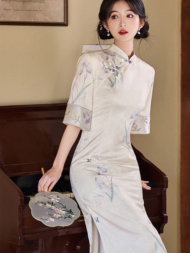 Jacquard Floral Bell Sleeve Cheongsam Qipao Dress