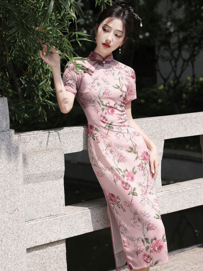 Summer Pink Floral Print Cheongsam Qipao Dress XL