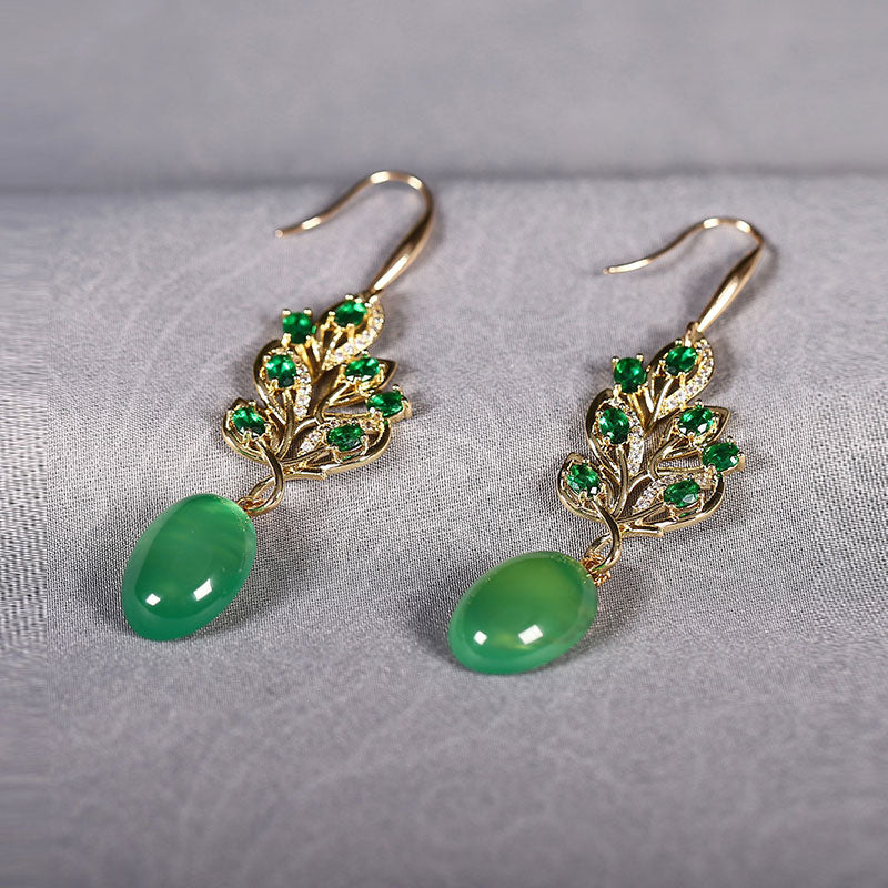 Vintage Green Agate Crystal Drop Dangle Earrings