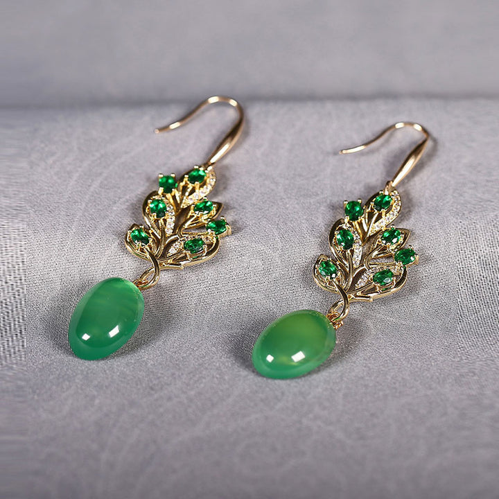 Vintage Green Agate Crystal Drop Dangle Earrings