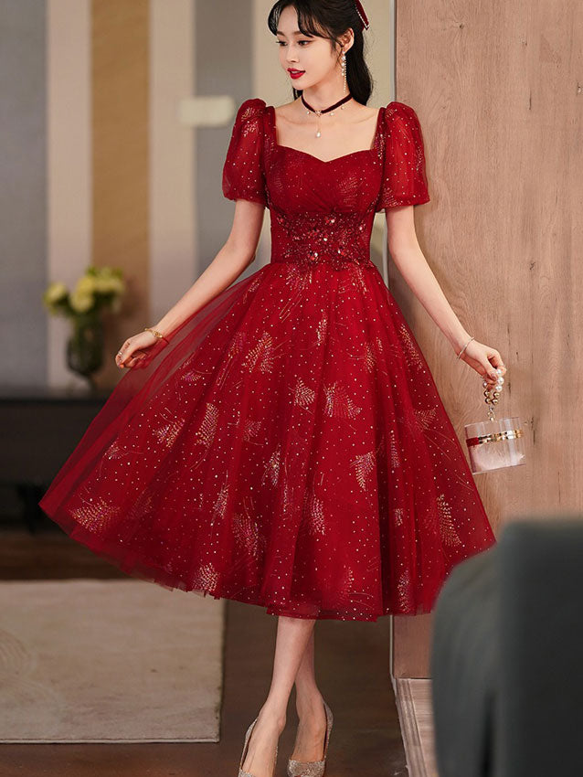 Red Shimmery Fit & Flare Midi Wedding Xiuhe Dress - IMALLURE S Red Shimmery Fit & Flare Midi Wedding Xiuhe Dress - IMALLURE S