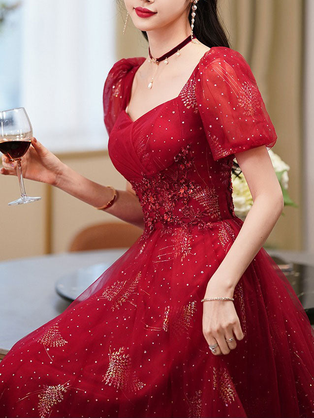 Red Shimmery Fit & Flare Midi Wedding Xiuhe Dress