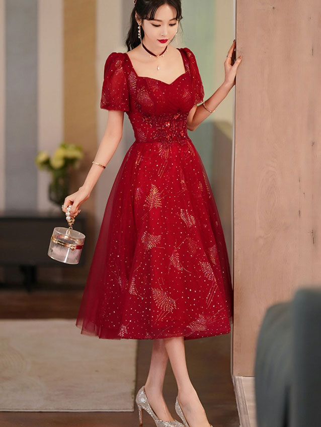 Red Shimmery Fit & Flare Midi Wedding Xiuhe Dress
