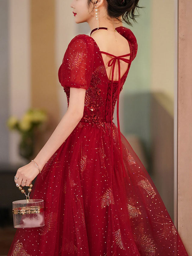 Red Shimmery Fit & Flare Midi Wedding Xiuhe Dress