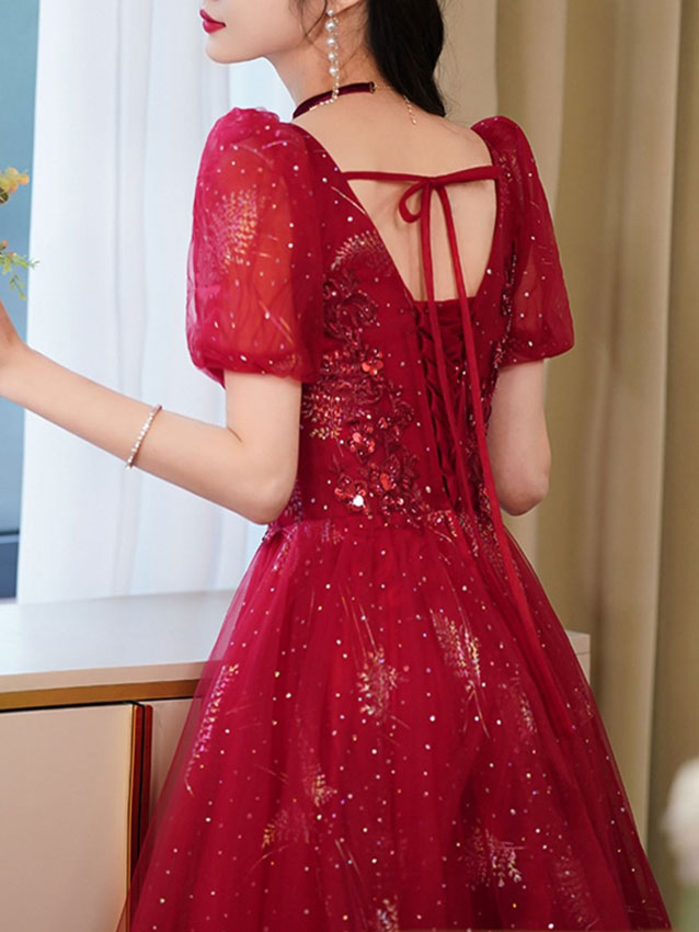 Red Shimmery Fit & Flare Midi Wedding Xiuhe Dress