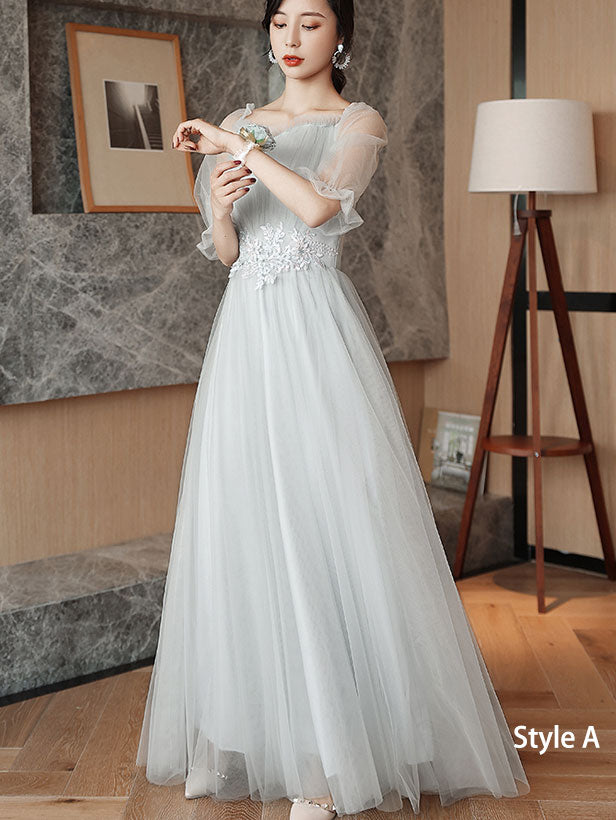 Gray A-Line Tulle Bridesmaids Maxi Wedding Party Dress