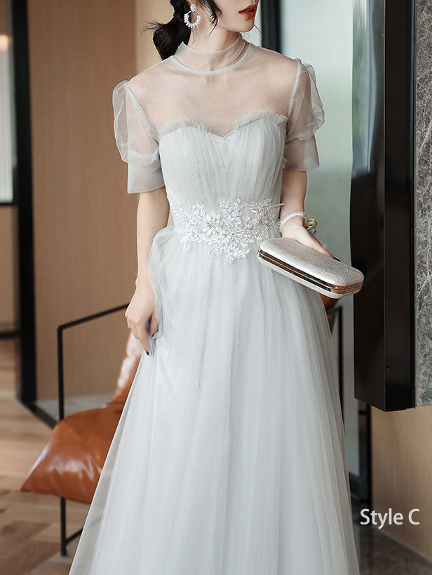 Gray A-Line Tulle Bridesmaids Maxi Wedding Party Dress