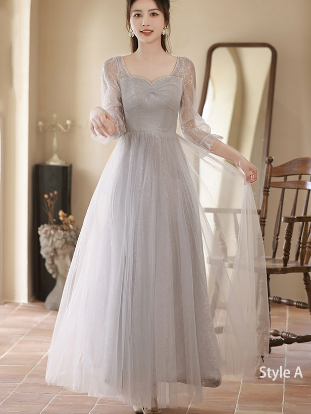 Gray A-Line Shimmery Tulle Bridesmaids Maxi Wedding Party Dress