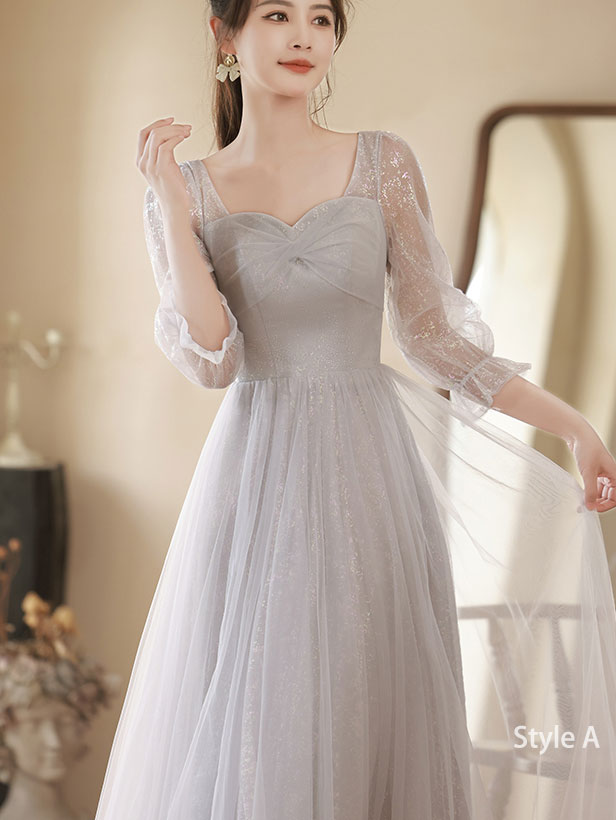 Gray A-Line Shimmery Tulle Bridesmaids Maxi Wedding Party Dress