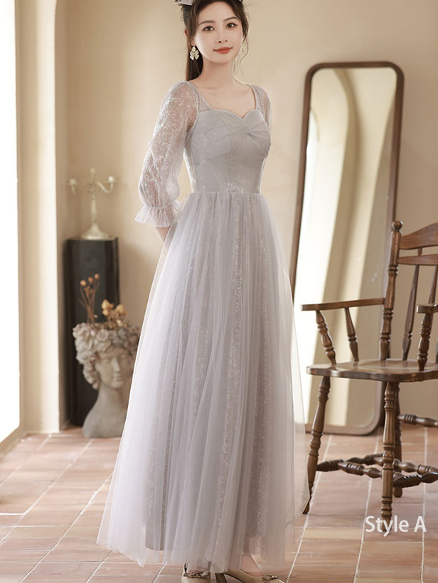 Gray A-Line Shimmery Tulle Bridesmaids Maxi Wedding Party Dress