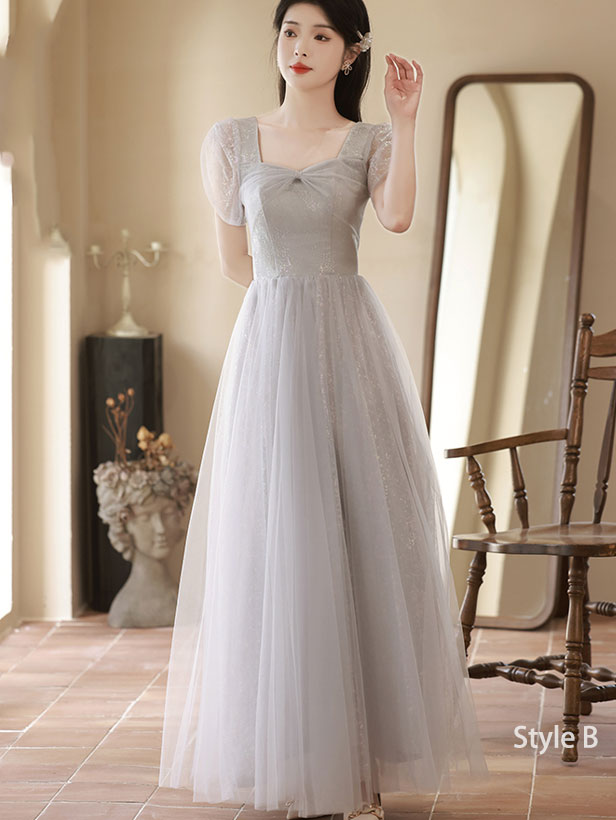 Gray A-Line Shimmery Tulle Bridesmaids Maxi Wedding Party Dress